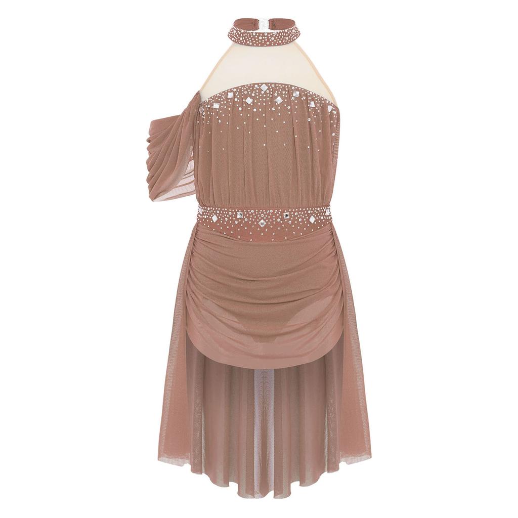 Girls Performance Dress Lyrical Costume Halter Backless Cutout Back Rhinestone Detail Ruched Mesh Draped Skirt