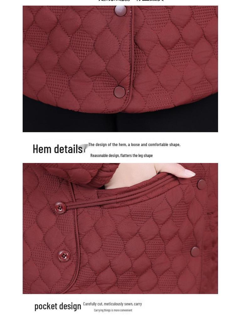 2025 Autumn/Winter Women's Diamond Pattern Hooded Cotton Coat - Warm Color Block Jacket for Middle-aged and Elderly Mothers