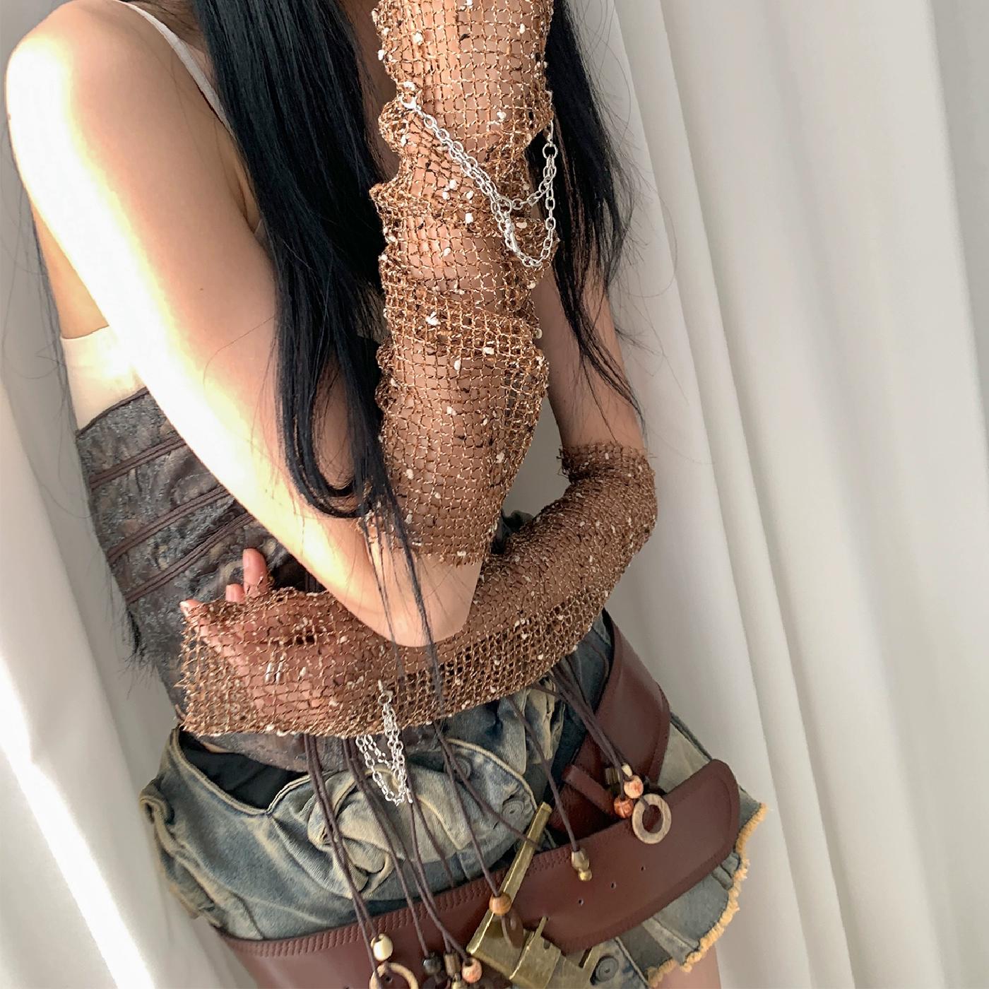 

Рукава в стиле Wasteline для девушек летом ретро горячие девушки с выдолбленными рукавами рыболовной сети субкультура y2k one size fits all коричневый