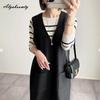 Korean Style Fall Winter Women Sundress V Neck Black Gray Woolen Midi Sleeveless Dress Warm Wool Tank Dress With Pockets