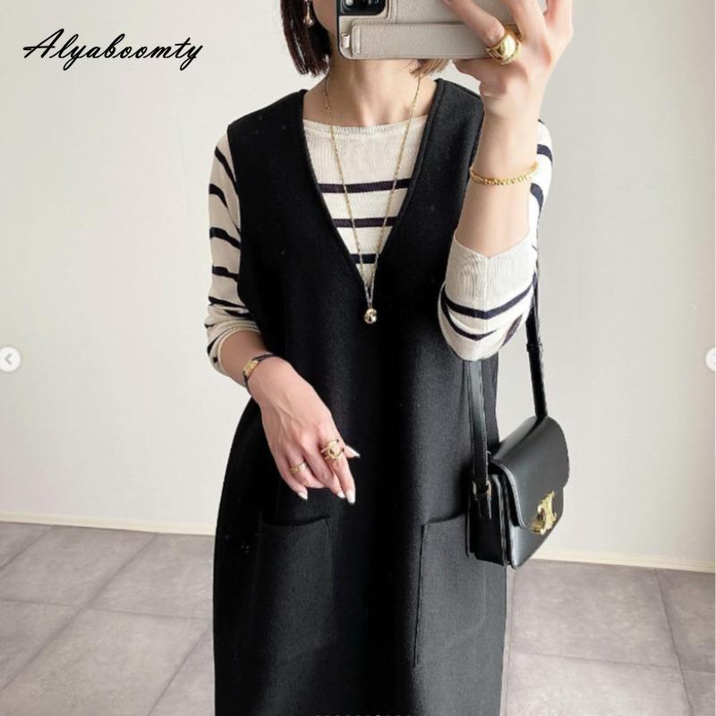 Korean Style Fall Winter Women Sundress V Neck Black Gray Woolen Midi Sleeveless Dress Warm Wool Tank Dress With Pockets