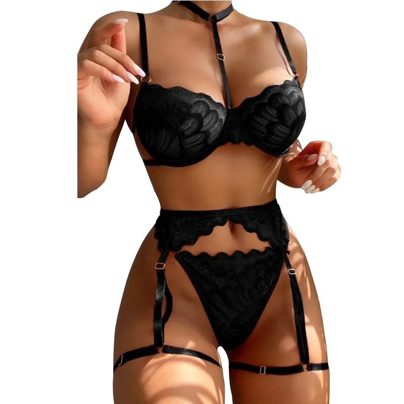 Women's Sexy Lingerie Set Floral Lace Underwear Suit For Women Mesh Hollow Out Bra Suits Female Bra Thongs Three-piece Lingerie