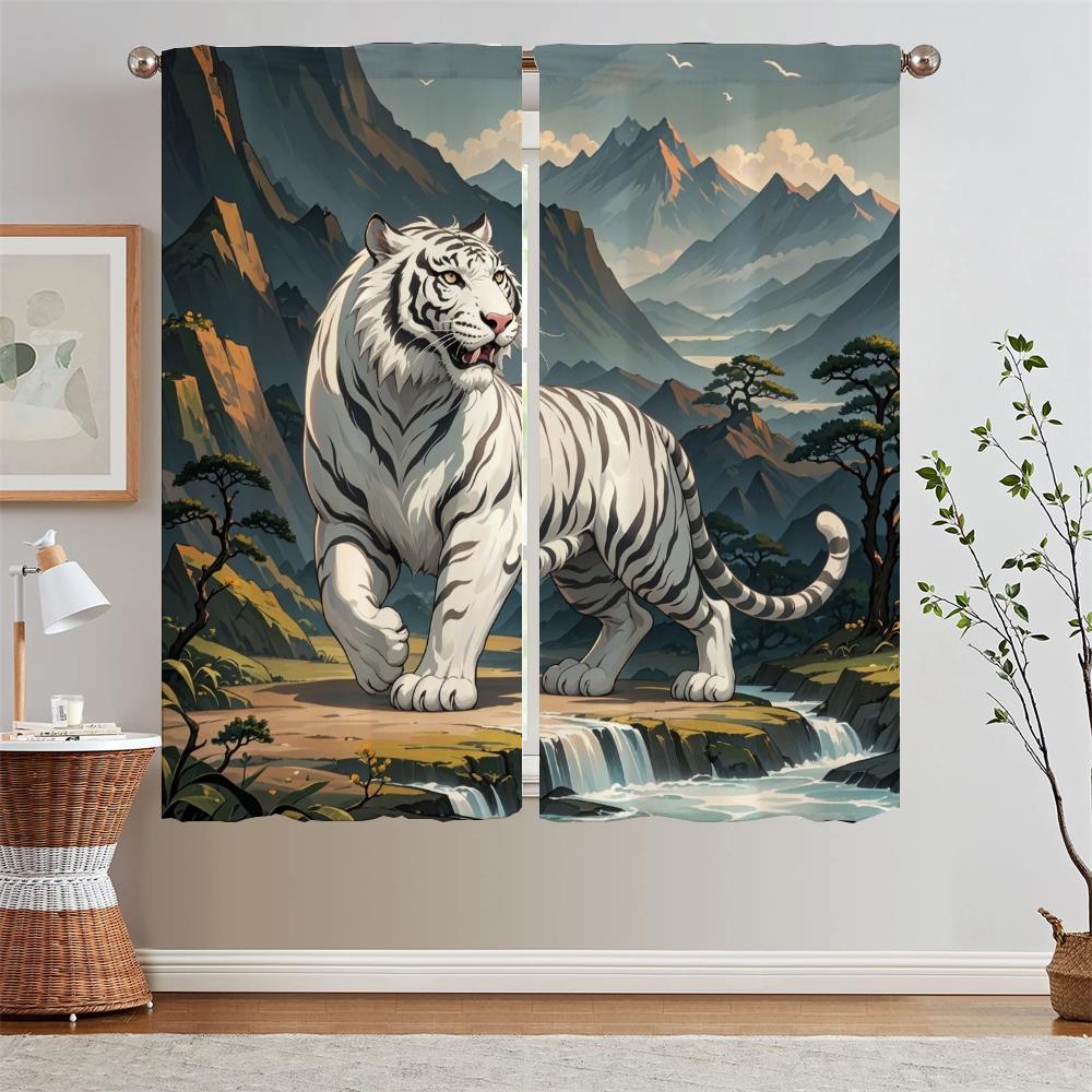 White Tiger Mountain Sea Classics Curtains for Kitchen Curtains 2 Pieces Window Partition Fabric Curtain for Children's Room