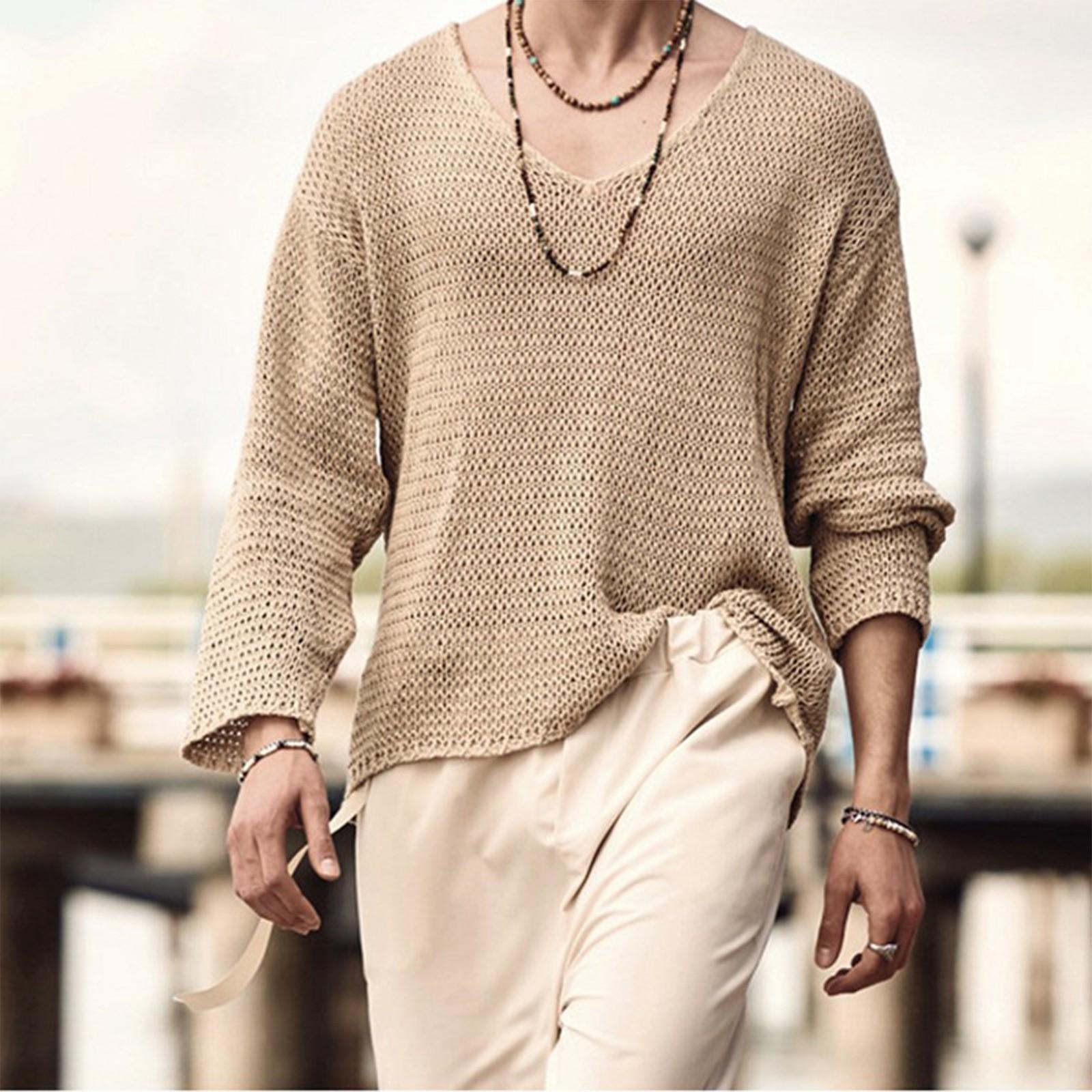 European And American V-Neck Sweater Men s Color Long Sleeve Knitted Top XL хаки