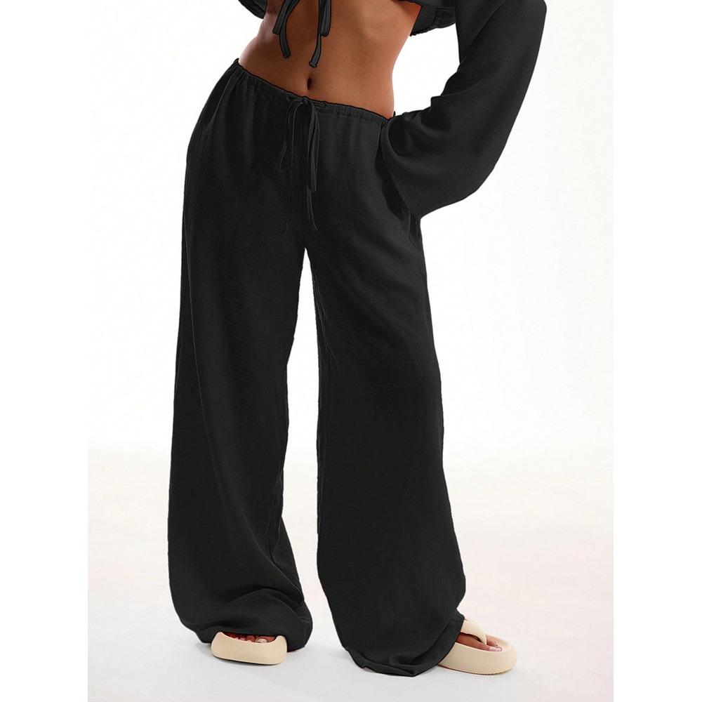 Spring Summer Wide Leg Pants Fashion Women Black Solid Loose Drawstring Baggy Pant Casual Pocket Trousers