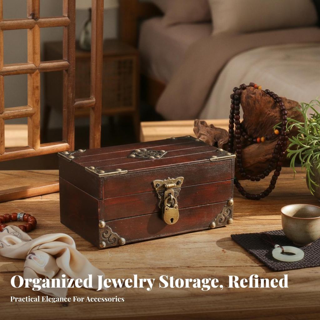 Hinged Lid Lockable Storage Chest Rectangular Wooden Jewelry Box