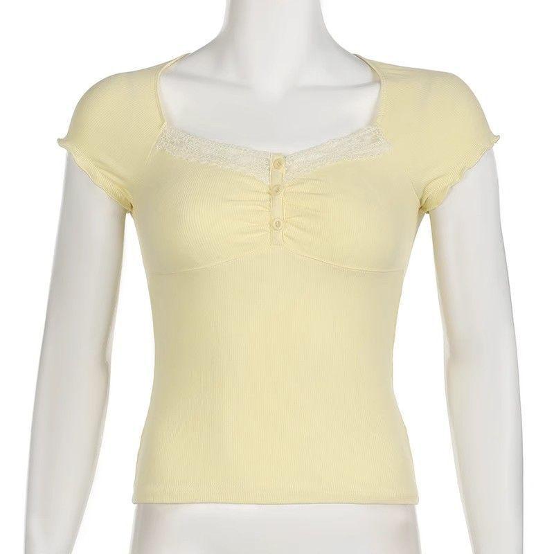 Lace splicing short-sleeved T-shirt women's summer sweet and spicy sexy slim-fit top bottoming shirt