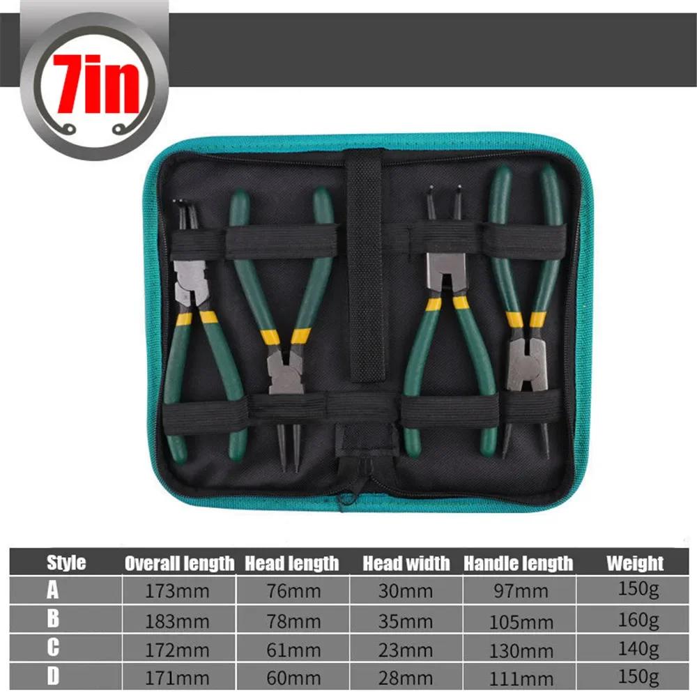4Pcs 4-in-1 Circlip Pliers Set with Storage Bag 7 Long Nose Bent Plier Inner Outer Retaining Snap Ring Remover Maintenance Tool