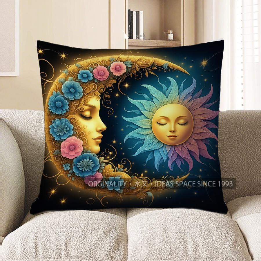 Home Decor Moon & Sun Floral Face Decorative Throw Pillow Pattern Cushion Cover Suitable For Sofa Bedroom Car Pillow Cover