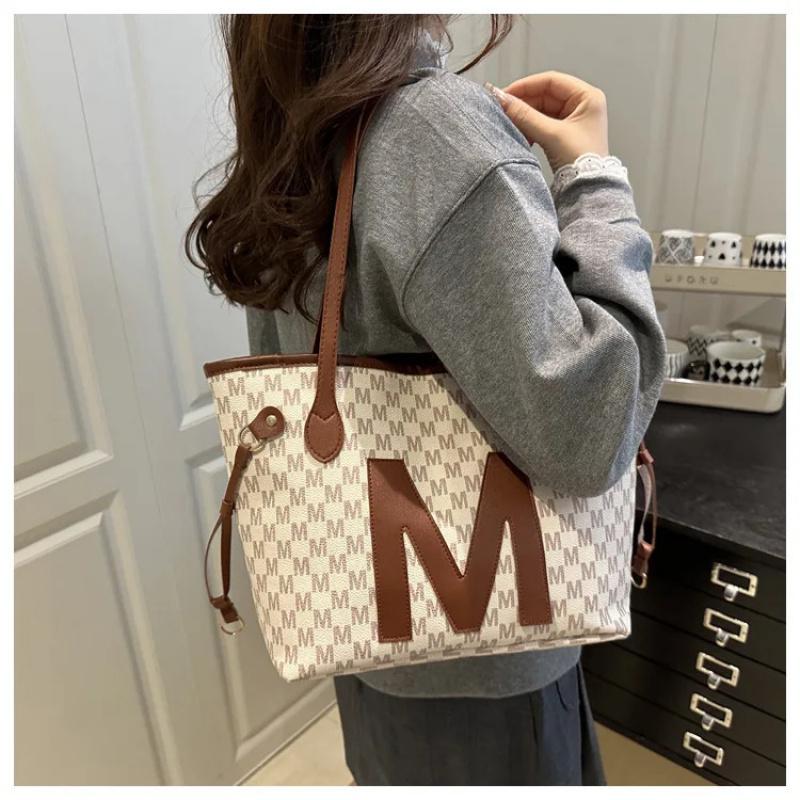 Monogrammed Tote Bag & Mini Bag Set Stylish Purses with Logo Accents Large Capacity Handbags Shoulder Bag for Women's Daily Use