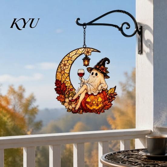 Acessórios Divertidos para Pátio 2D Lua Fantasma Abóbora Vitral Acrílico, Ornamento Pendurado para Janela de Halloween Exterior de Fazenda, Outono Ação de Graças
