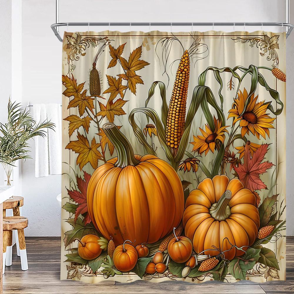 Autumn Harvest Season Shower Curtain Pumpkin Sunflower Corn Squirrel Fall Country Bathroom Decor Orange Polyester Bath Curtain