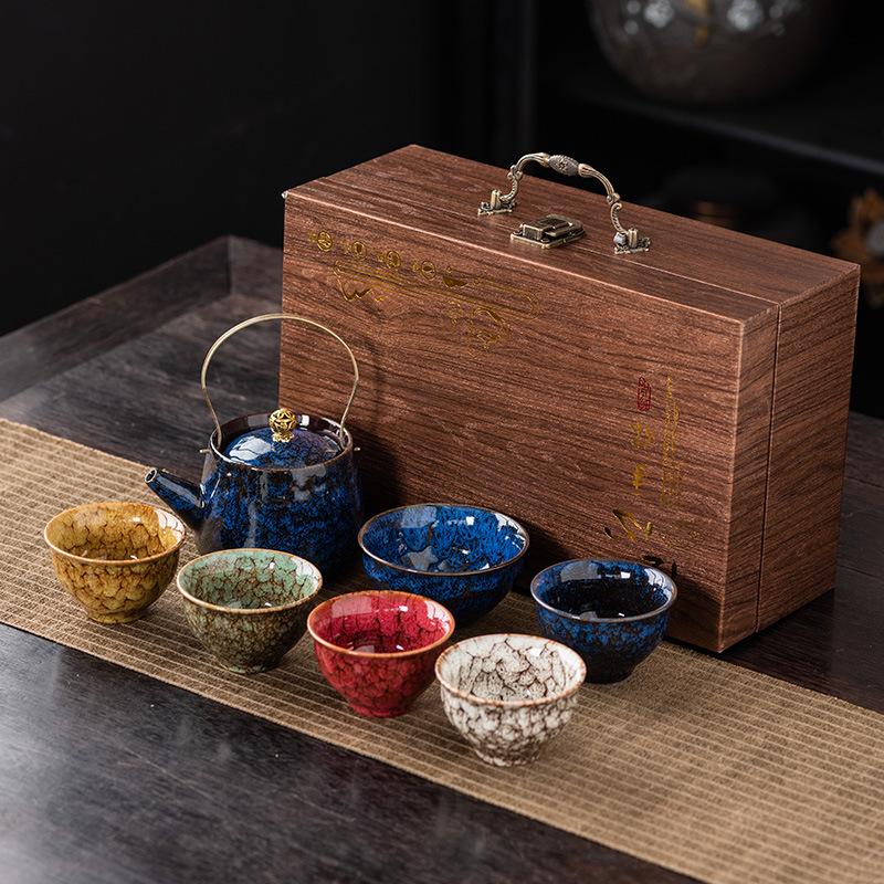 Beam pot Kung Fu tea set, a pot of six cups, a large-capacity brewing teapot, a kiln change, a tea bowl, a gift box, and a gift.