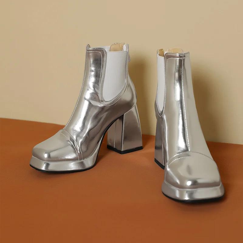 Silver Gold Women Platform Chelsea Boots High Chunky Heels British Winter Dress Office Ladies Shiny Retro Square Toe Ankle Boots