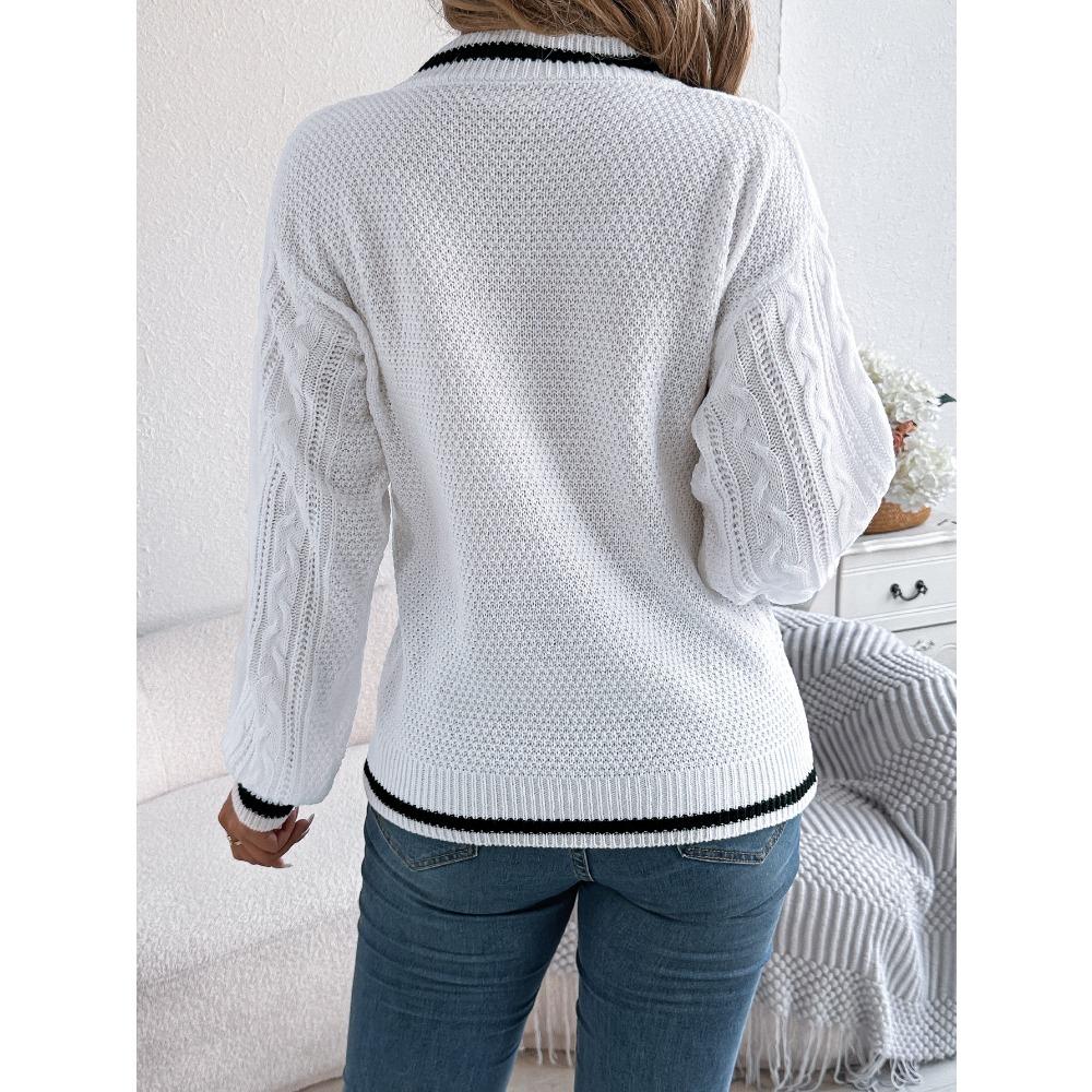 Autumn/Winter New Arrival: Loose-Fit Academic Style Colour-Block V-Neck Cable-Knit Long-Sleeved Cardigan for Women