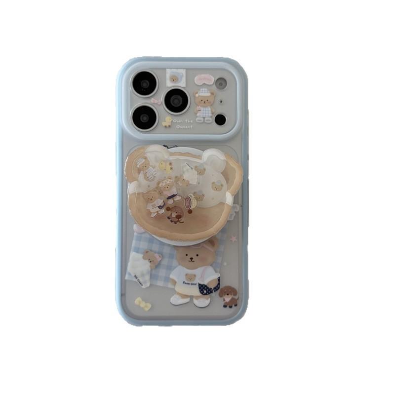 Blue plaid cute bear rocking music magnetic suction bracket for iphone11Promax iPhone 11 mobile phone case female