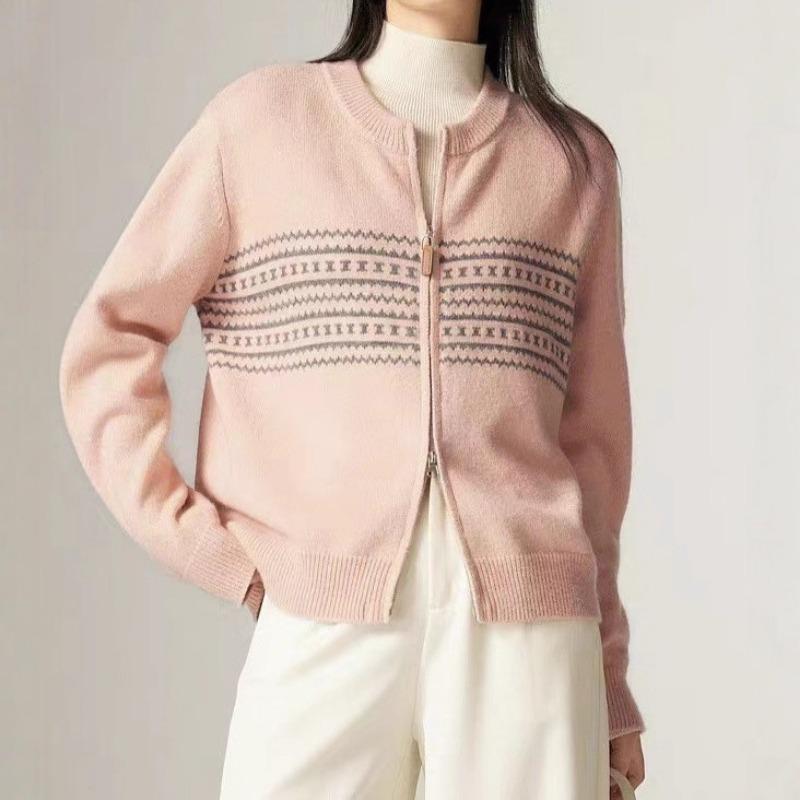Herbst neues Design Doppelreißverschluss Strickjacke Damenoberteil Retro Jacquard Rundhals Strickjacke Pullover Damen
