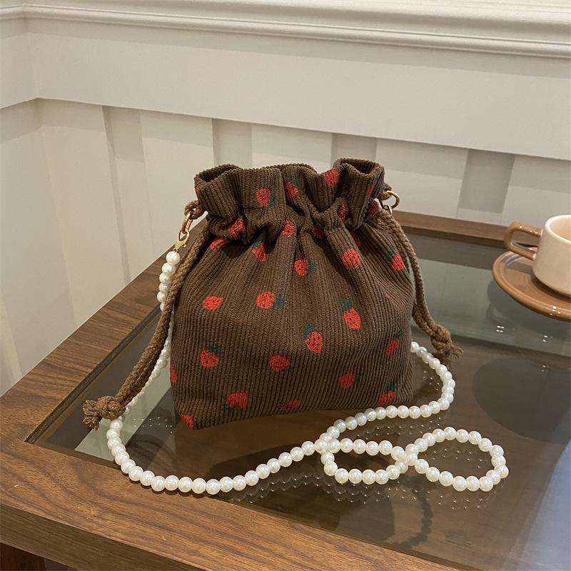 Sweet and Cute Strawberry Printed Bucket Bag Beaded Shoulder Strap Corduroy Exquisite Foreign Versatile Single Shoulder Messenger Women's Bag