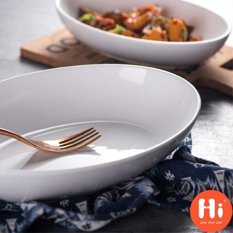 Hi Oval White Porcelain Tableware Ceramic Home Hotel Deep Soup Plate Cuisine Steamed Fish Plate Salad Dishes