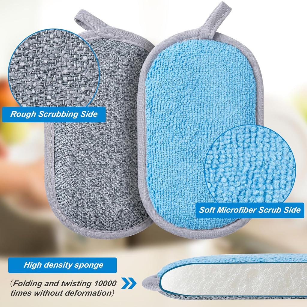 Dual-Sided Multi-Purpose Scrub Sponges, Non-Scratch Dishwashing Sponges for Kitchen, Reusable Microfiber Sponge for Efficiently Cleaning Dishes, High