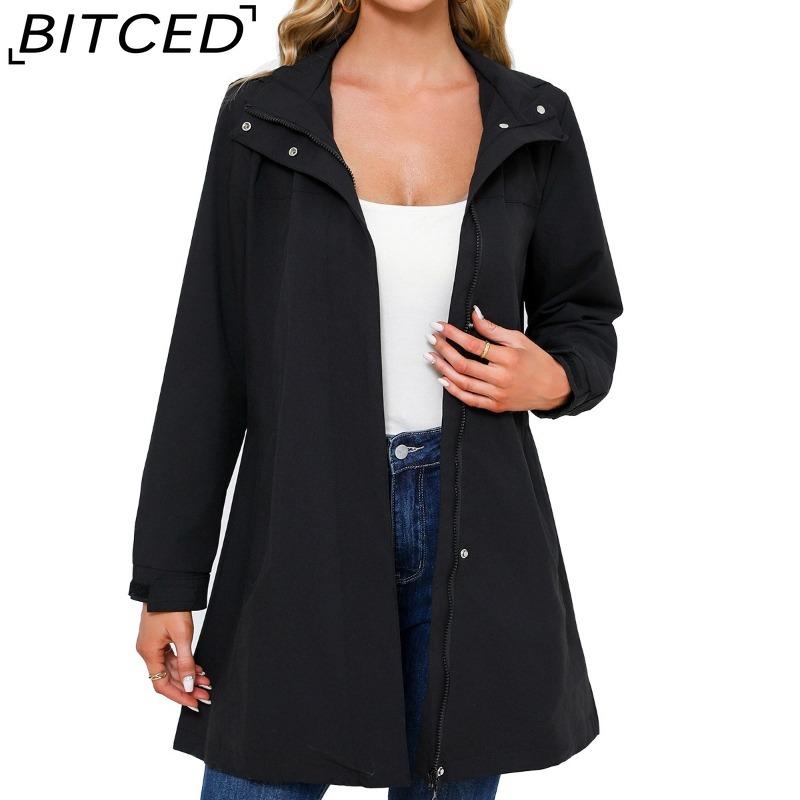 BITCED Spring/Fall Detachable-Cap Water-Resistant Trench Coat for Women Solid Color Long-Sleeve Lightweight Jacket Casual Women's Wear