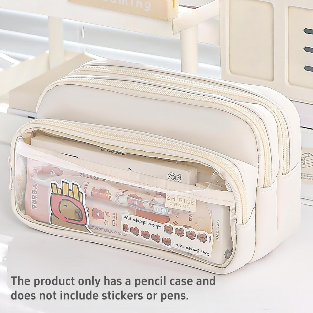 Large Light Color Multi-Compartment Pencil Case Durable with Clear Window Portable Cosmetic Bag for Stationery