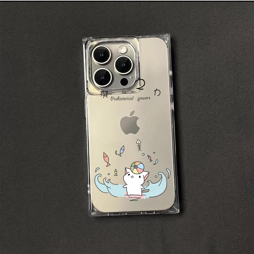 Clear Square Back Tube Case Protection For iPhone 14 Pro Max 13 16 ProMax 12 15 Plus 11 Rowing Cat Pattern