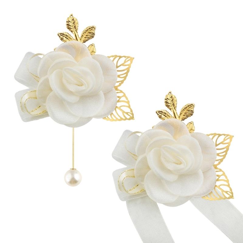 HX6F Artificial Flower Wrist Corsage and Boutonniere Set for Bride Groom Wedding Ceremony Wrist Jewelry Event Decoration