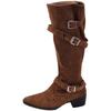 Pointed Boots Children Thick Heel Thin Pleated Piled Boots Women's 2025 Spring and Autumn Khaki Suede But Knee Boots