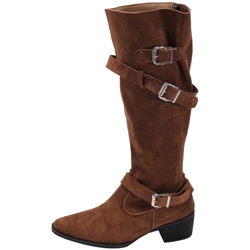 Pointed Boots Children Thick Heel Thin Pleated Piled Boots Women's 2025 Spring and Autumn Khaki Suede But Knee Boots