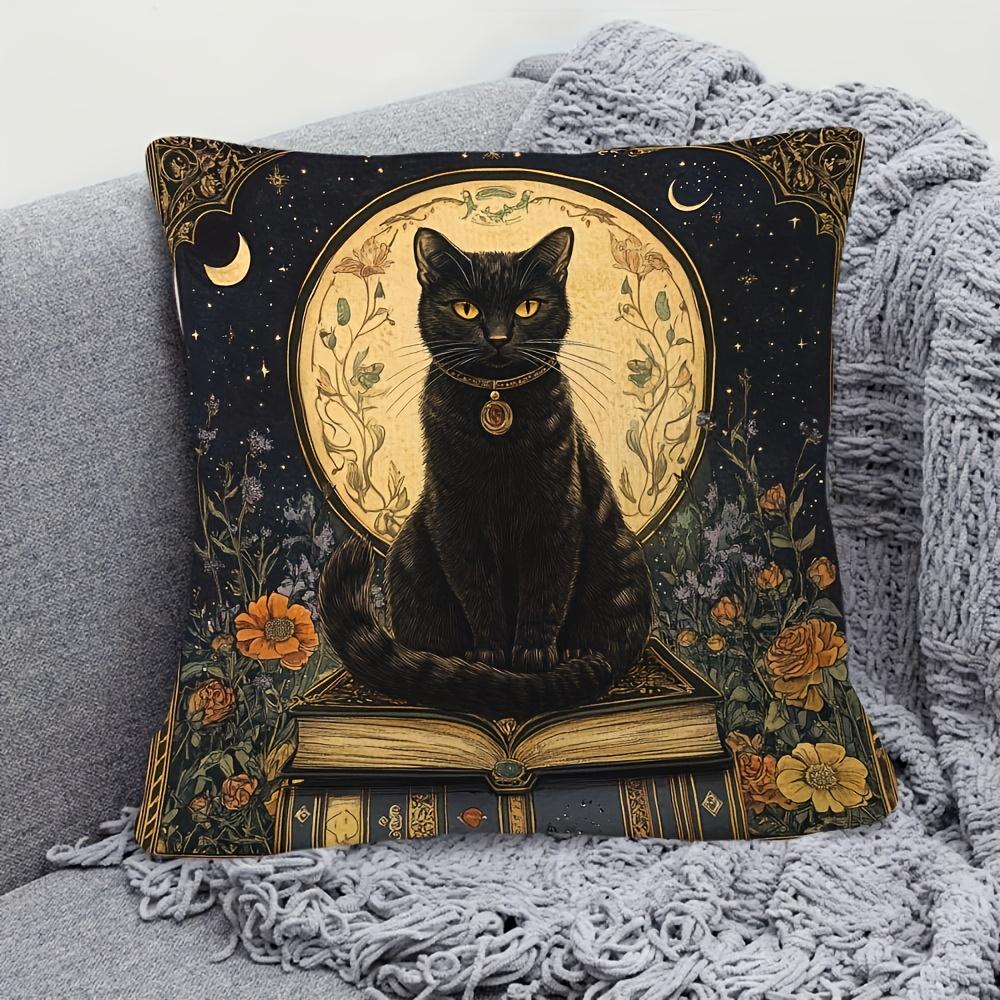 2D Flat- Vintage Witchy Black Cat Floral Book Square Throw Pillow Cover Celestial Moon Star Home Decor Cushion Case