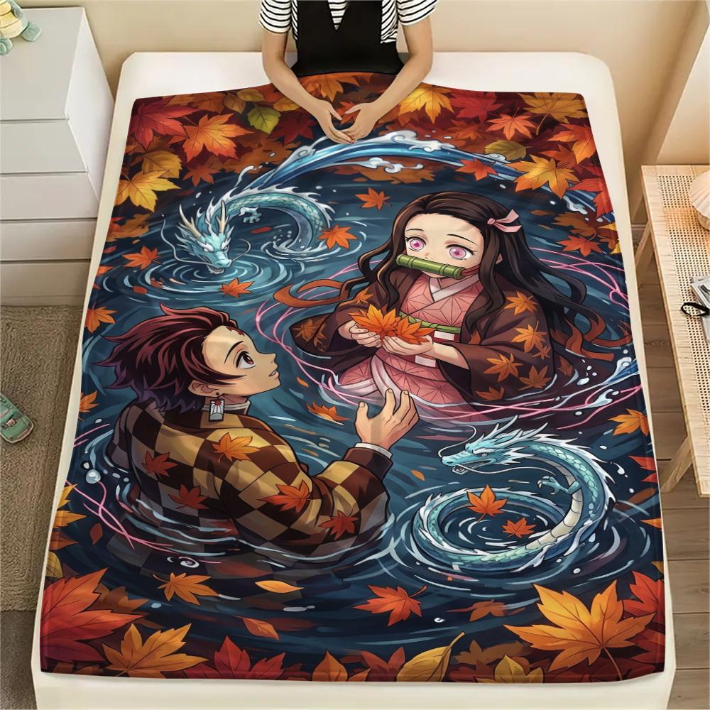 Warm Print Flannel Blanket Demon Slayer Theme Comfortable Throw for Bed Couch Sofa Chair Travel Picnic All-season-Xin