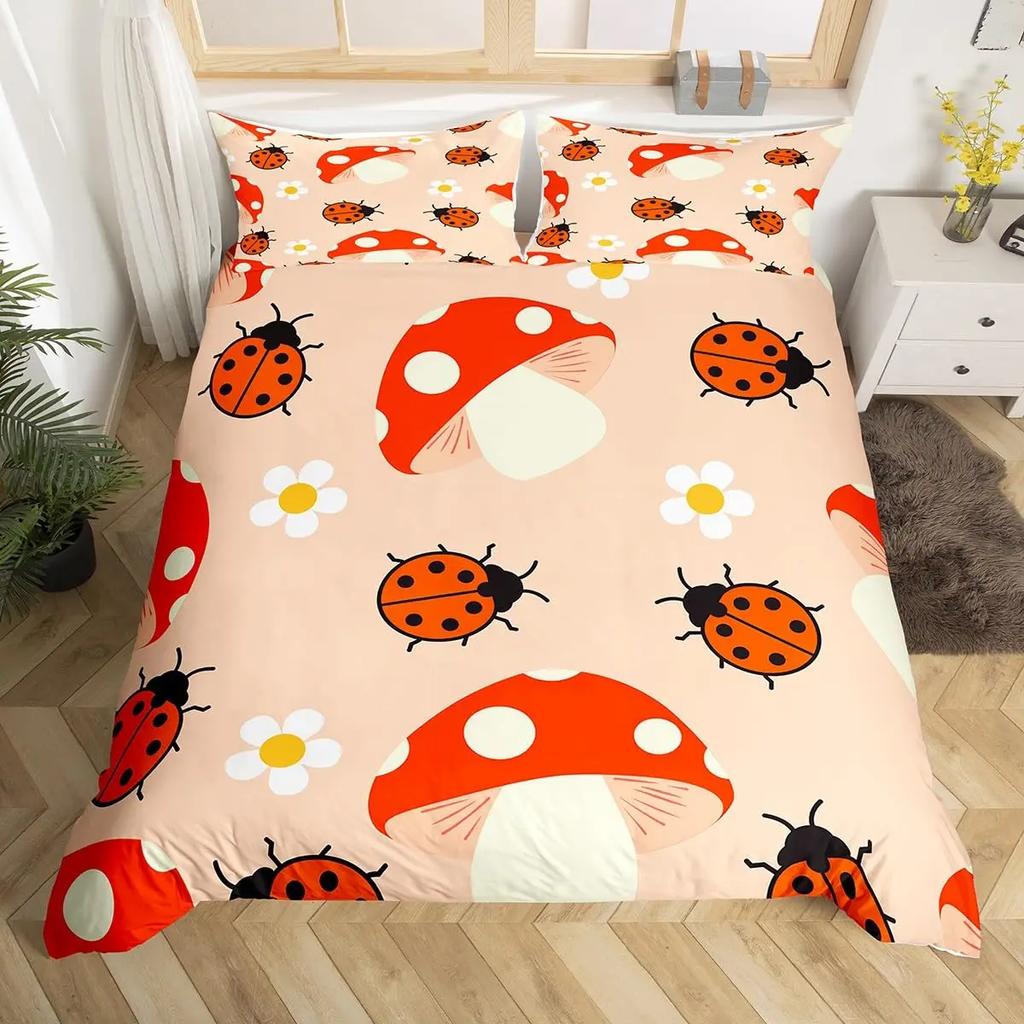 Ladybug Duvet Cover Set Cute Bug Bedding Set Twin Size for Kids Boys Bedroom Red Floral and Insect Adults Queen Duvet Cover Sets