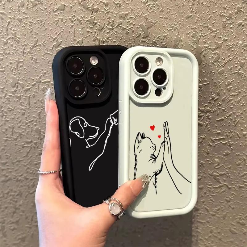 Coque de téléphone assortie pour couple Chat Chien Cœur Art Ligne Minimaliste pour Séries iPhone 17 16 15 14 13 12 11 Pro Max Plus
