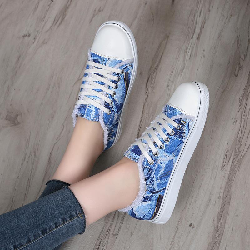 Foreign Trade Large Size Women's Shoes 2025 European and American New Color Printing Low-top Canvas Shoes Lace-up Casual Flat Shoes