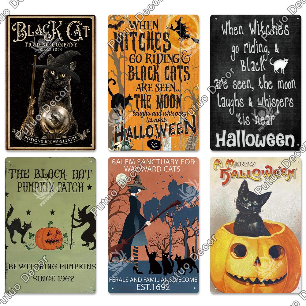 Putuo Decor Halloween Schwarze Katze Vintage Metallschild Plakette Metall Vintage Blechschild für Wohnzimmer Tür Tierhandlung Wanddekoration