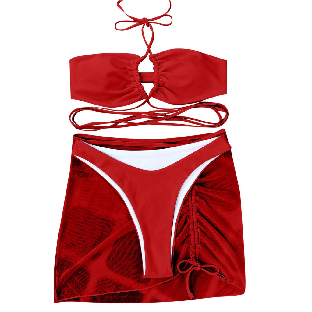 Women's Summer Fashion Sexy Color Backless Lace-up Waist Pleated Knotted Bikini Three-pieces Swimsuit