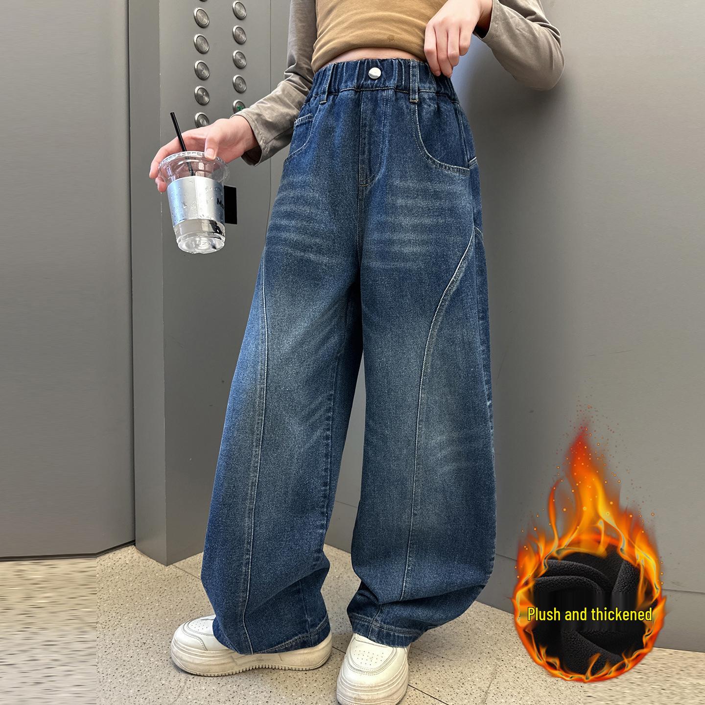 

Зимние джинсы на флисовой подкладке для девочек 2025: Теплые, Плотные, Повседневные Брюки для Детей 120 cm