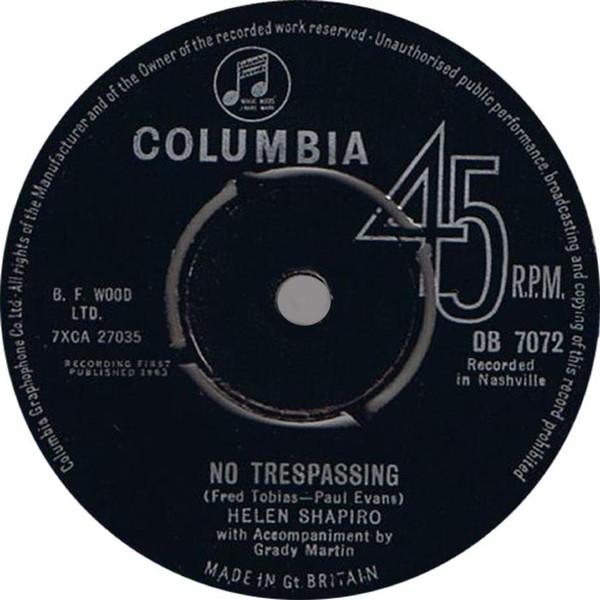 7inch Record HELEN SHAPIRO - No Trespassing DB7072 Columbia 1963 UK Pop Used