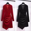 Women Short Dress V Neck Long Sleeves Pleated Pure Color Slim Fit Sheath Irregular Hem OL Commuting Party Prom Mini Dress Evening Events