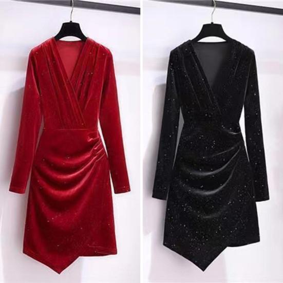 Women Short Dress V Neck Long Sleeves Pleated Pure Color Slim Fit Sheath Irregular Hem OL Commuting Party Prom Mini Dress Evening Events
