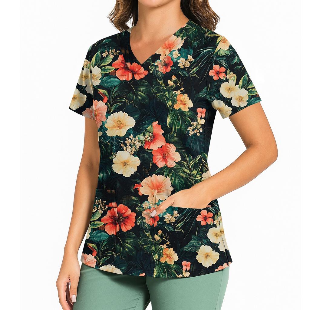 Women's Casual Printed V-Neck Pocket Side Slit Short Sleeved Top Short Sleeved Top