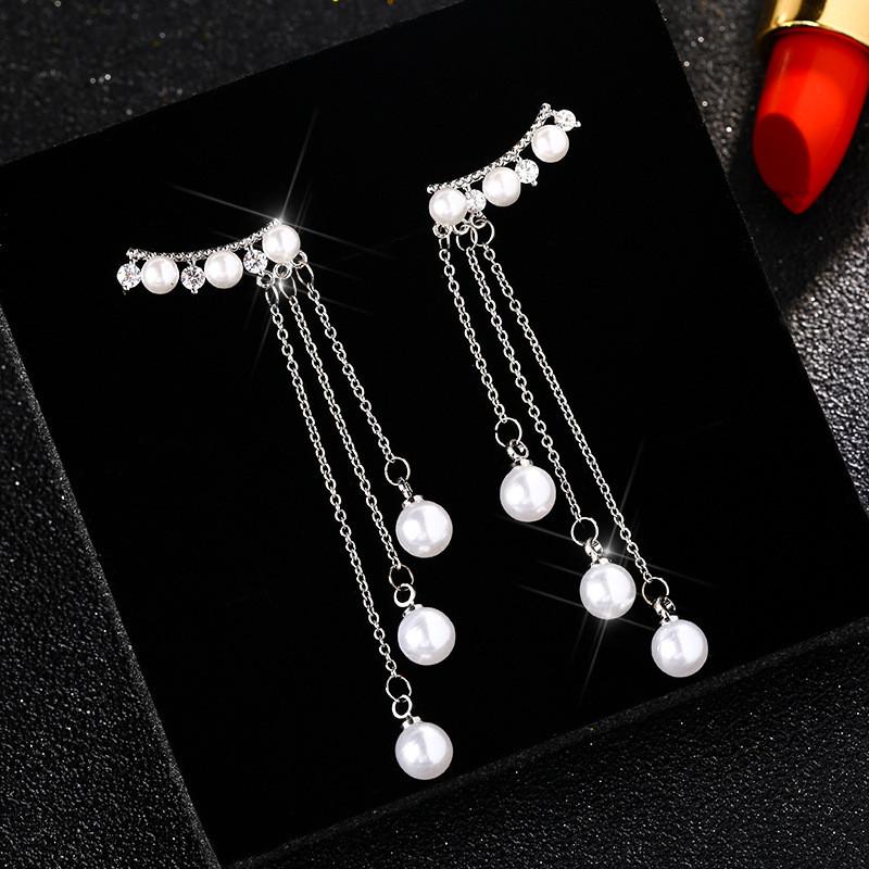 Zircon Earrings Long Pearl Chain Tassel Dangle Earrings Fashion Elegant Women Weeding Party Jewelry Gift Accessories