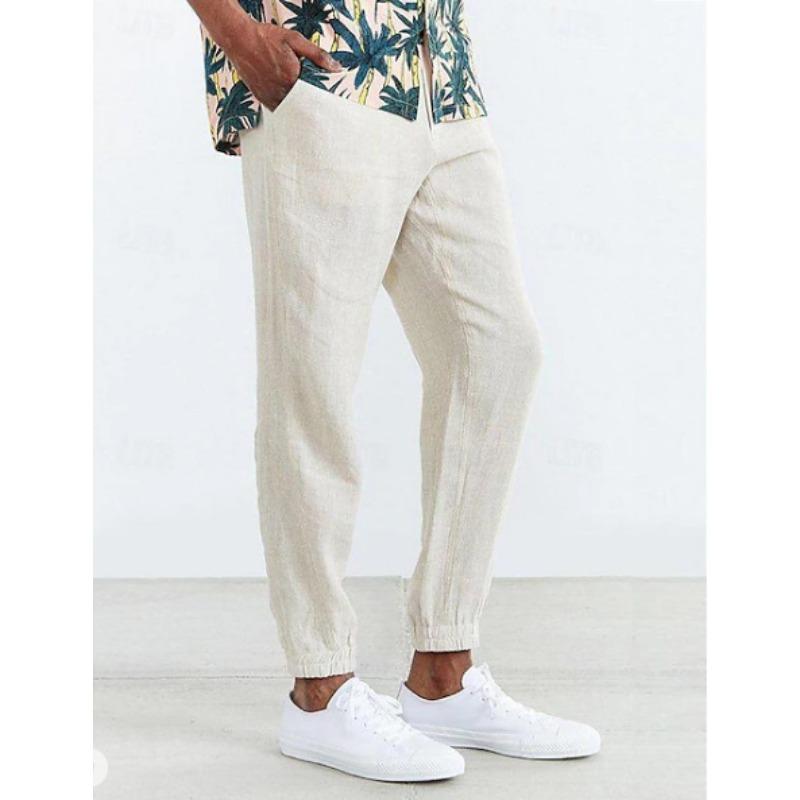Men Casual Linen Pants Elastic Waist Drawstring Jogger Trousers Loose Fit Daily Outdoor Streetwear Long Pants S белый