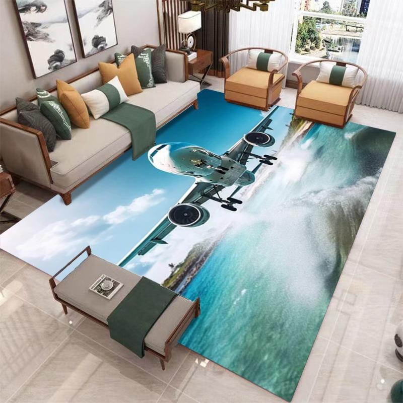Large Airplane Theme Carpet with Warm Brown Desert Landscape Living Room Area Rug Dark Green Blanket Modern Home Decoration Mat