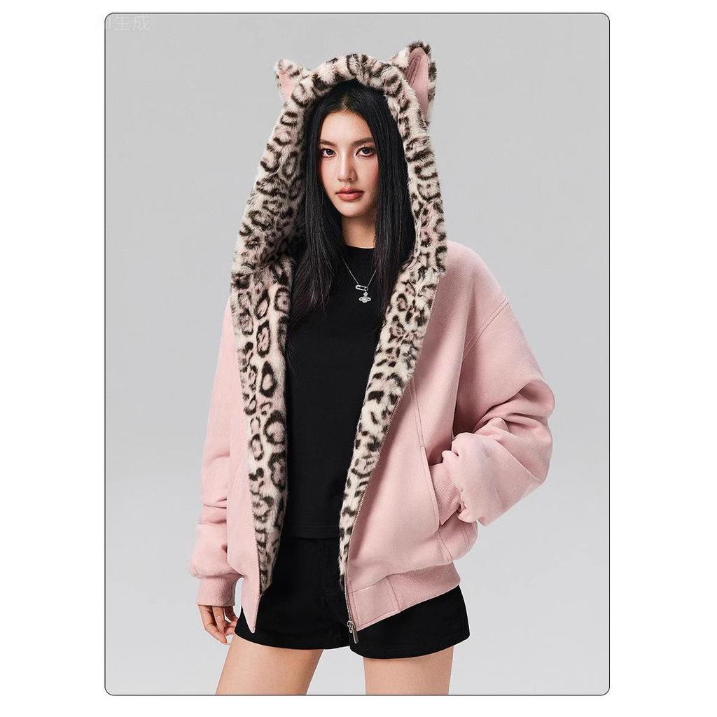 Women's New American Leopard Cat Ears Short Section of Cold Lightweight Thickened Padded Warm Loose High-quality Fabric Casual Sports Cotton Clothing