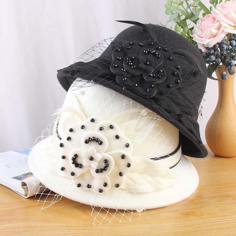 New Hat Ladies Korean Version Bowler Hat Handmade Beaded Woolen Woolen Pot Hat Autumn And Winter Warm Bucket Hat