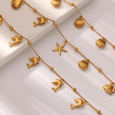Fashion Beach Resort Ocean Wind Shell Starfish Dolphin Pendant Stacked Chain Stainless Steel Anklet Women