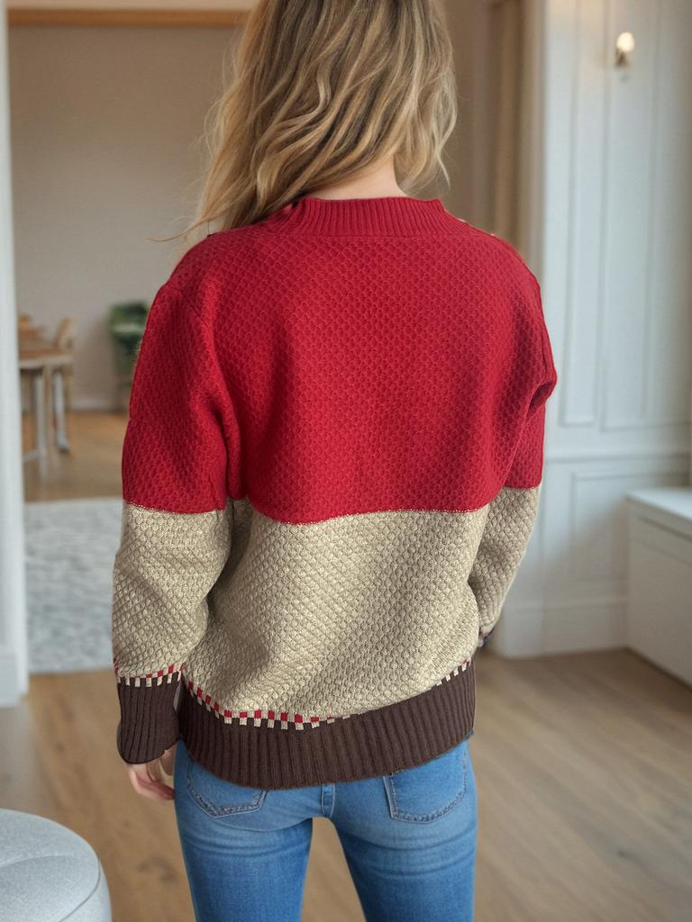 New Knitted Cardigan Autumn Edition Color Blocked Women's Sweater Jacket, Loose Casual Top for Outer Wear 3522