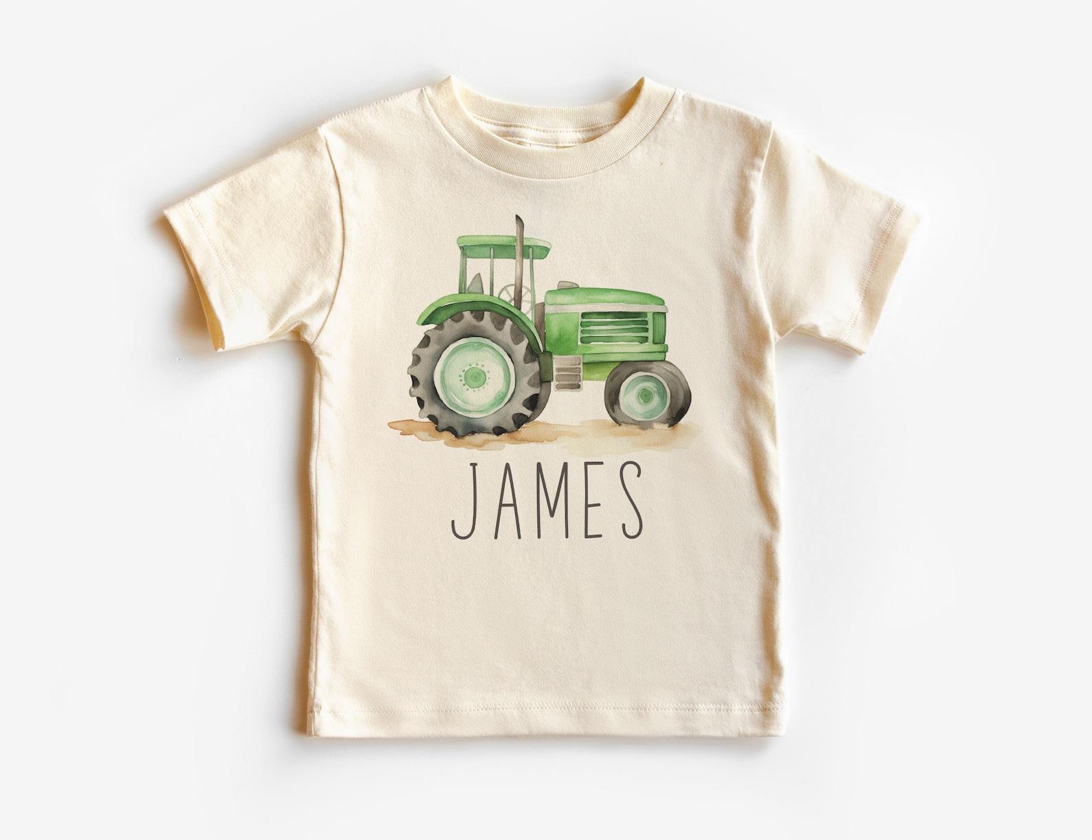 Personalized Tractor Unisex Shirt - Cute Custom Name Farmer Green Farm Tractor Tee - Boho Natural Kids Shirts 150